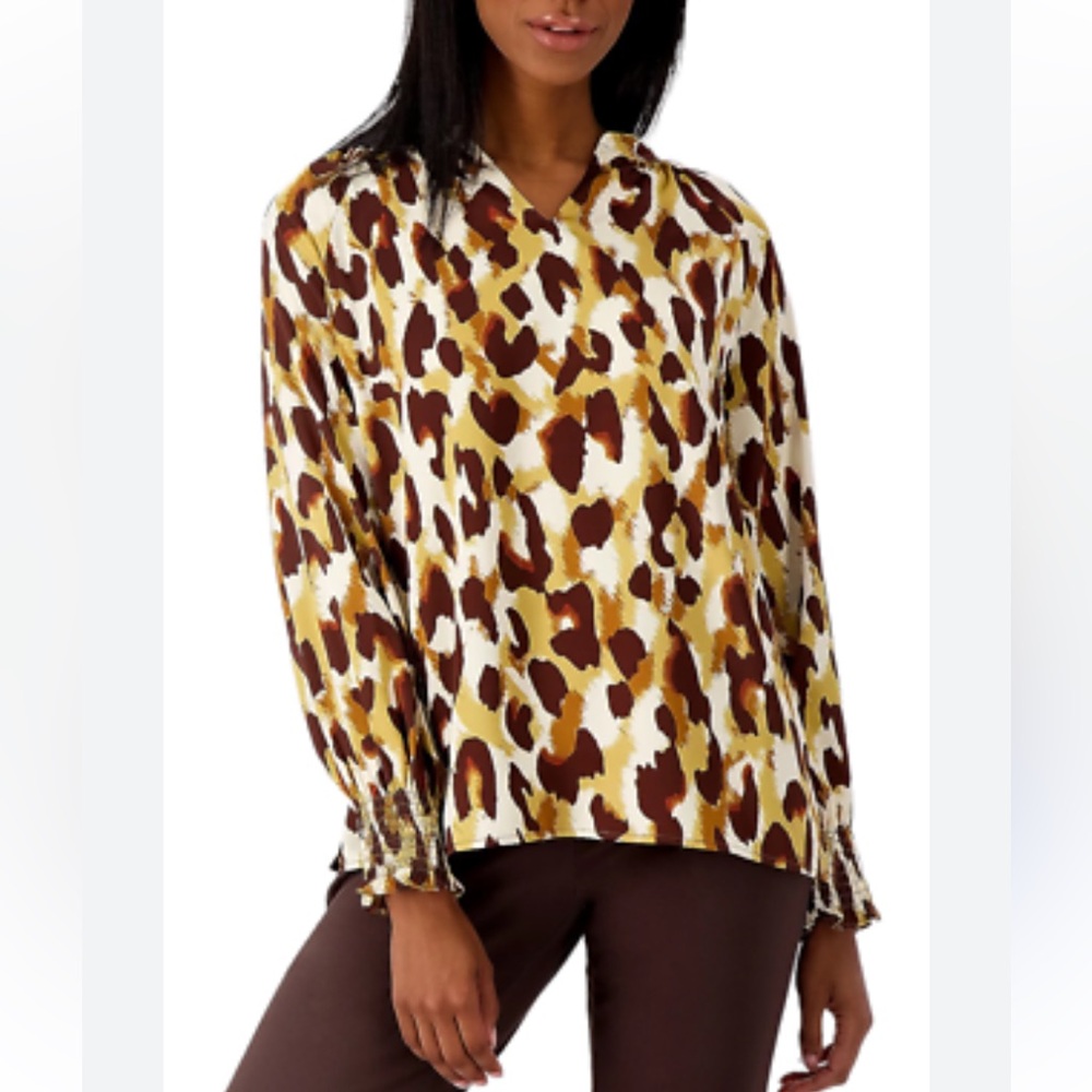 Belle by Kim Gravel - Big Cat Split Neck Leopard Print Satin Top - Size XL